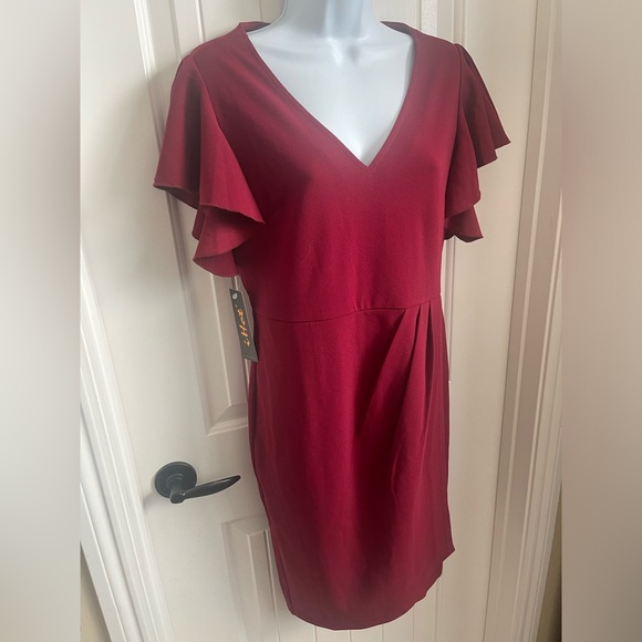 NWT IHOT Women's V Neck Flutter Sleeve Sheath Wrap Ruched Dress in Wine, Medium - Picture 5 of 13